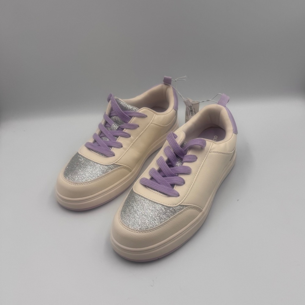 Old Navy Court Sneakers Cream Silver Glitter Purple Laces Low Top Shoes Size 5